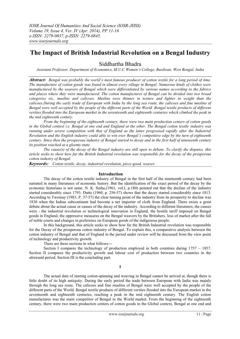 The Impact of British Industrial Revolution on a Bengal Industry