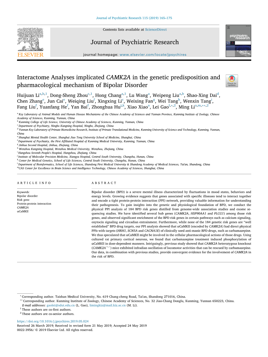 Interactome Analyses Implicated CAMK2A in the Genetic Predisposition and Pharmacological Mechanism of Bipolar Disorder T