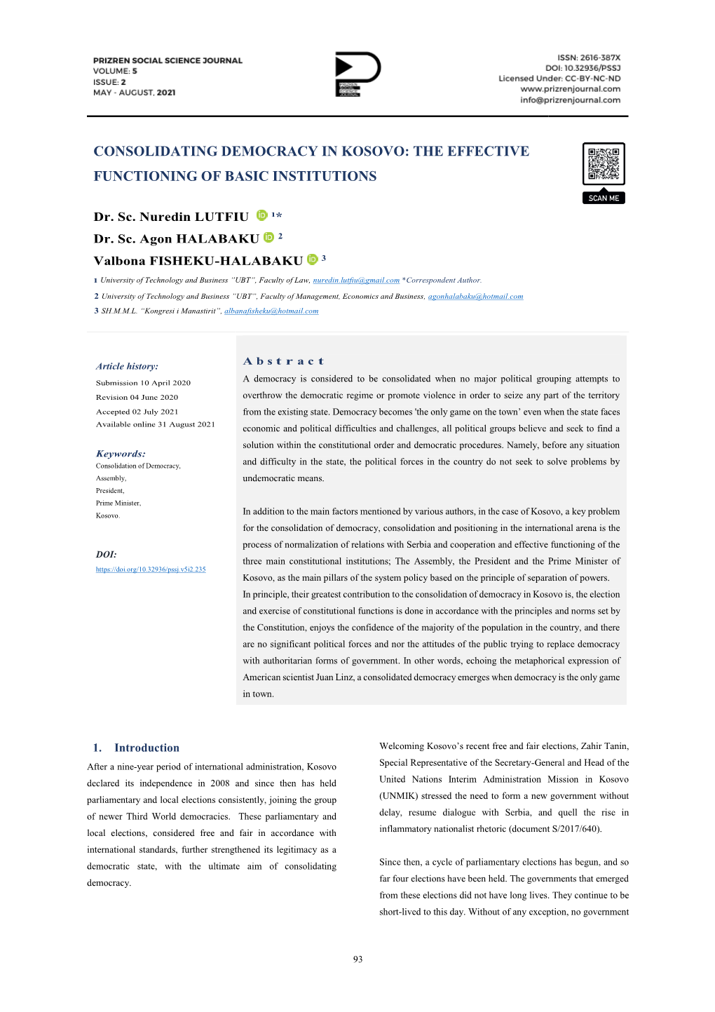 Consolidating Democracy in Kosovo: the Effective Functioning of Basic Institutions