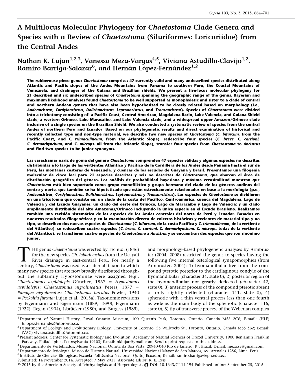 Chaetostoma Clade Genera and Species with a Review of Chaetostoma (Siluriformes: Loricariidae) from the Central Andes