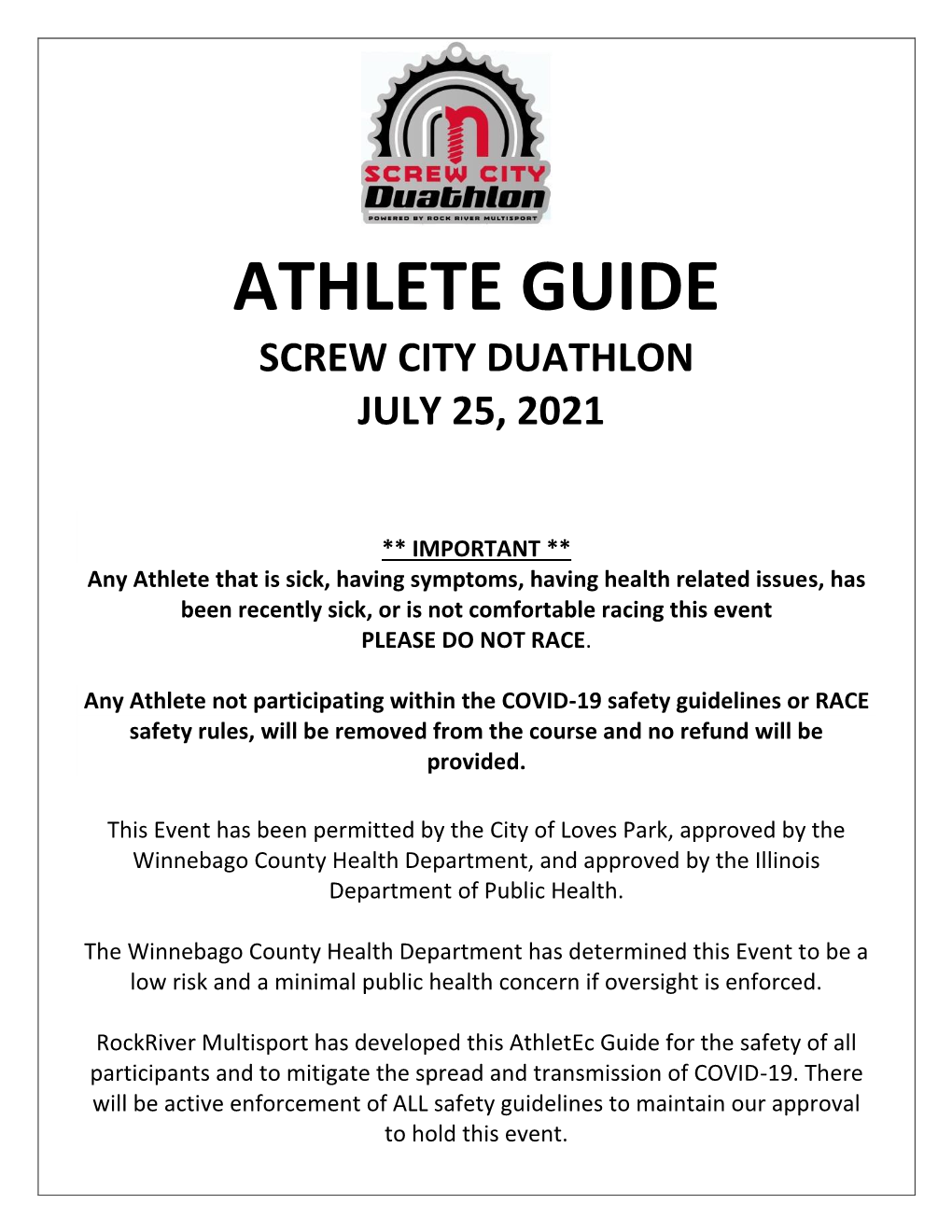 Athlete Guide Screw City Duathlon July 25, 2021