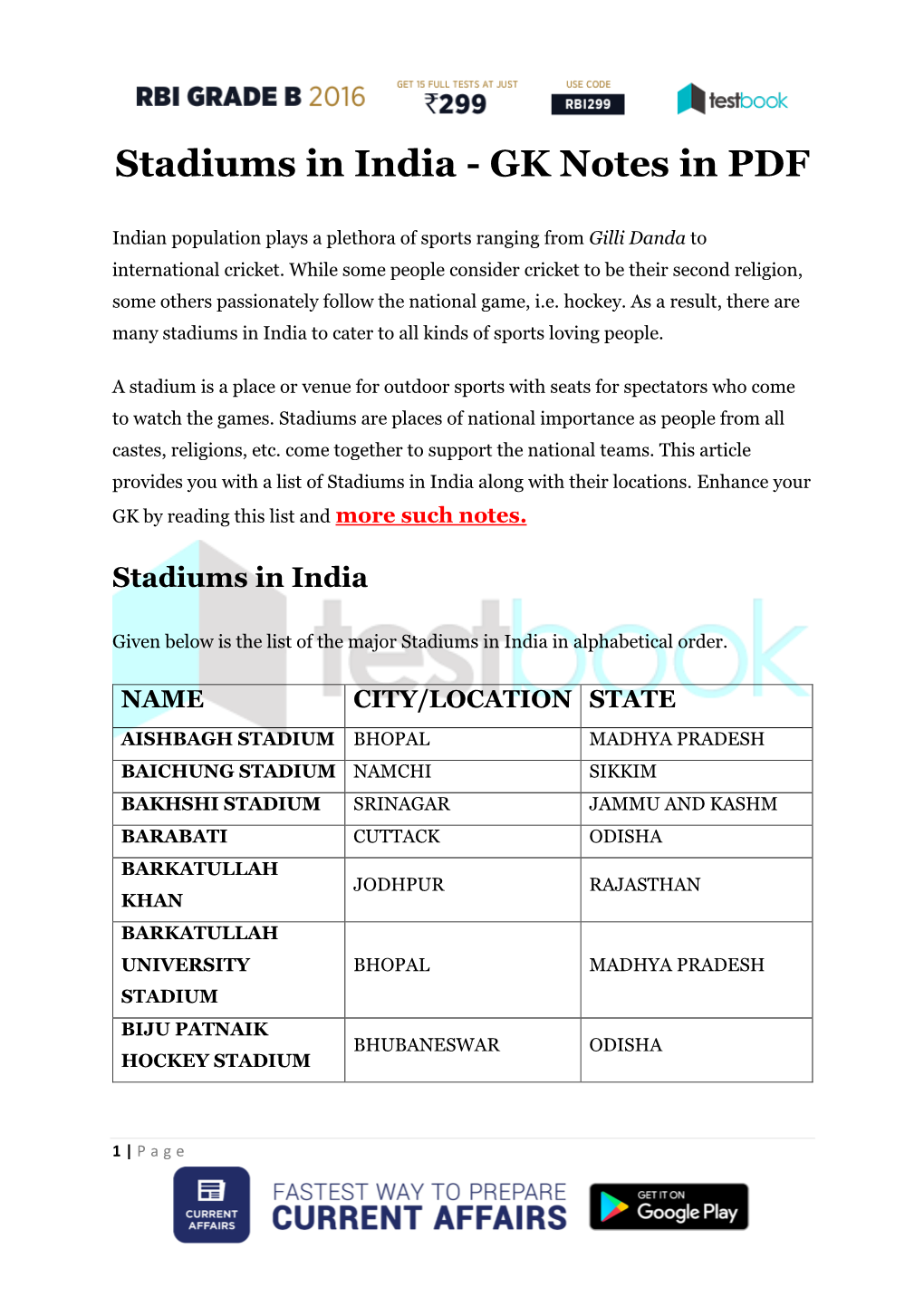 Stadiums in India - GK Notes in PDF