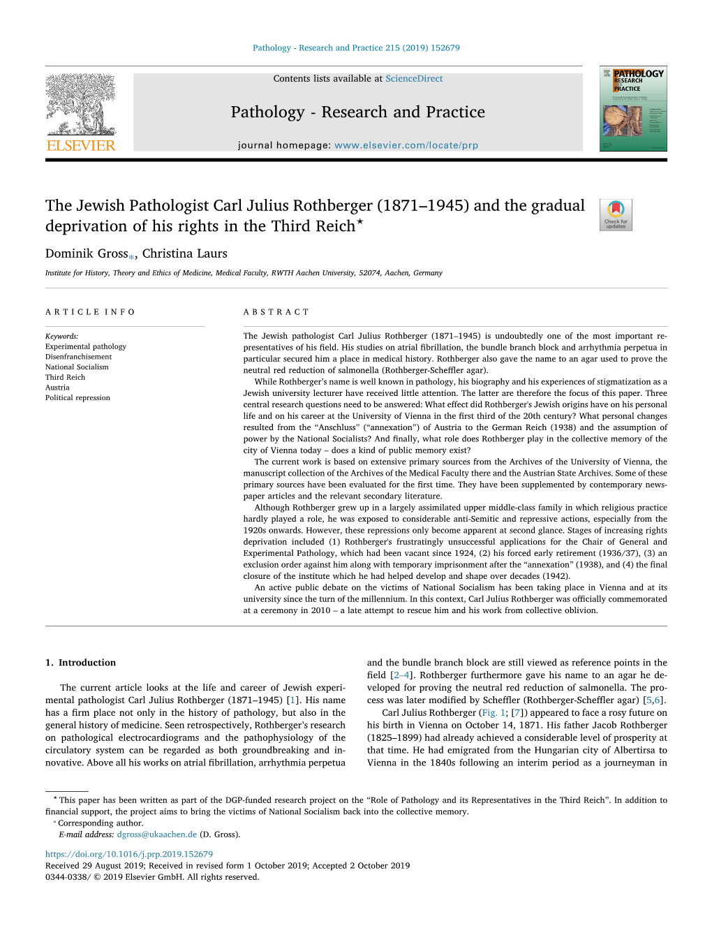 The Jewish Pathologist Carl Julius Rothberger (1871–1945) and the Gradual ⋆ Deprivation of His Rights in the Third Reich T