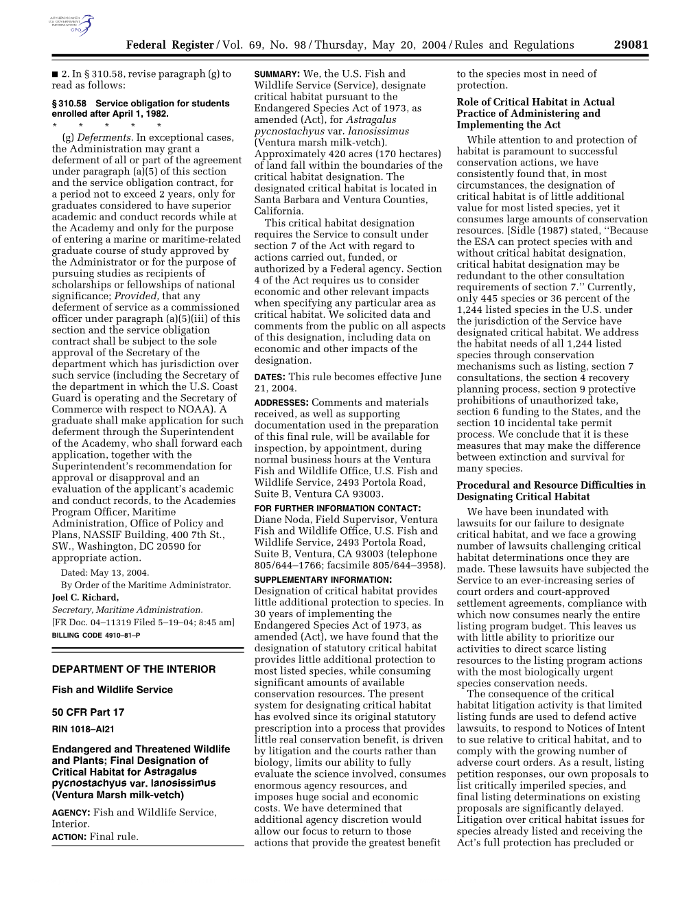 Final Designation of Critical Habitat for Astragalus Pycnostachyus Var