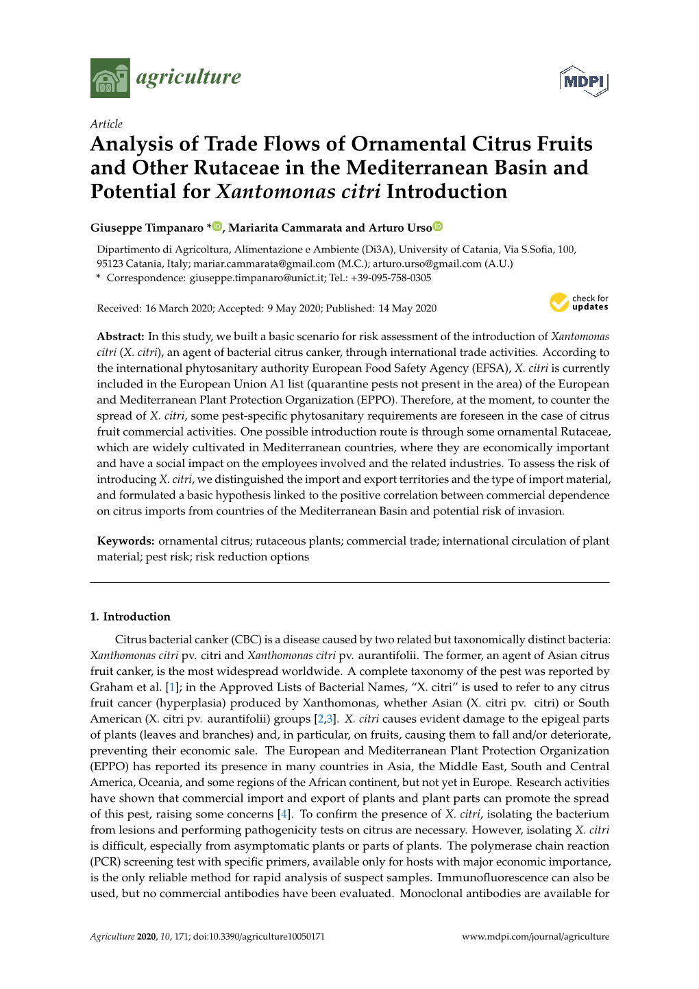 Analysis of Trade Flows of Ornamental Citrus Fruits and Other Rutaceae in the Mediterranean Basin and Potential for Xantomonas Citri Introduction