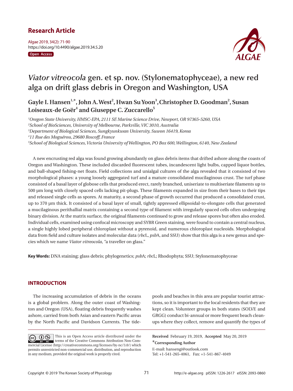 Viator Vitreocola Gen. Et Sp. Nov. (Stylonematophyceae), a New Red Alga on Drift Glass Debris in Oregon and Washington, USA