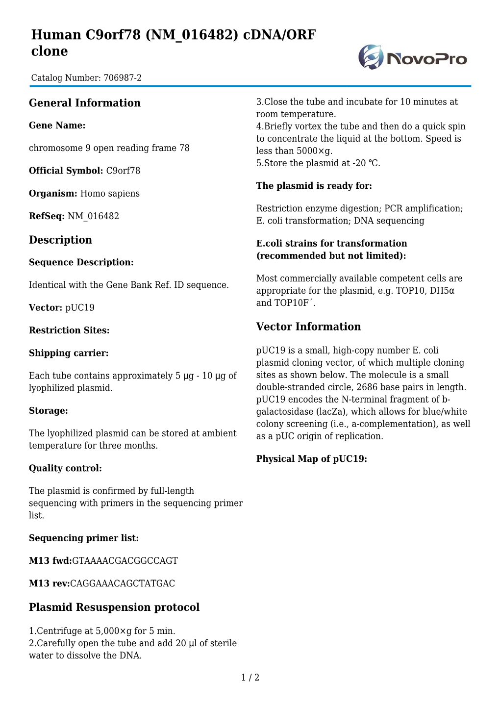 Human C9orf78 (NM 016482) Cdna/ORF Clone