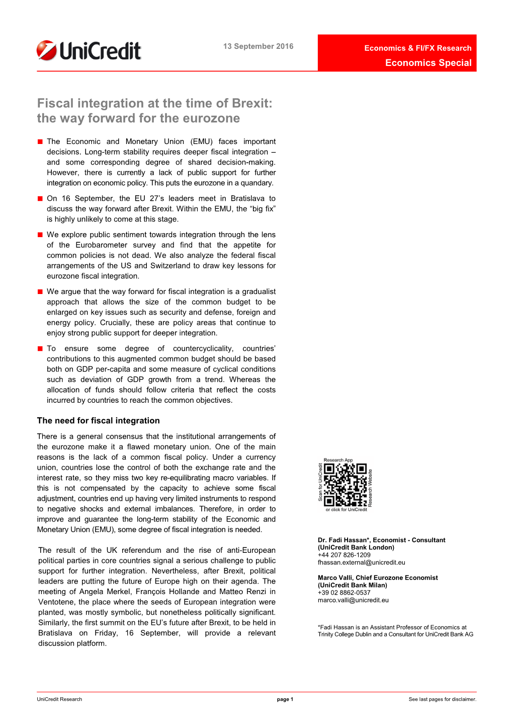 Fiscal Integration at the Time of Brexit: the Way Forward for the Eurozone