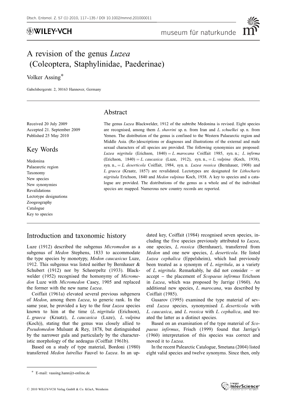 A Revision of the Genus Luzea (Coleoptera, Staphylinidae, Paederinae)