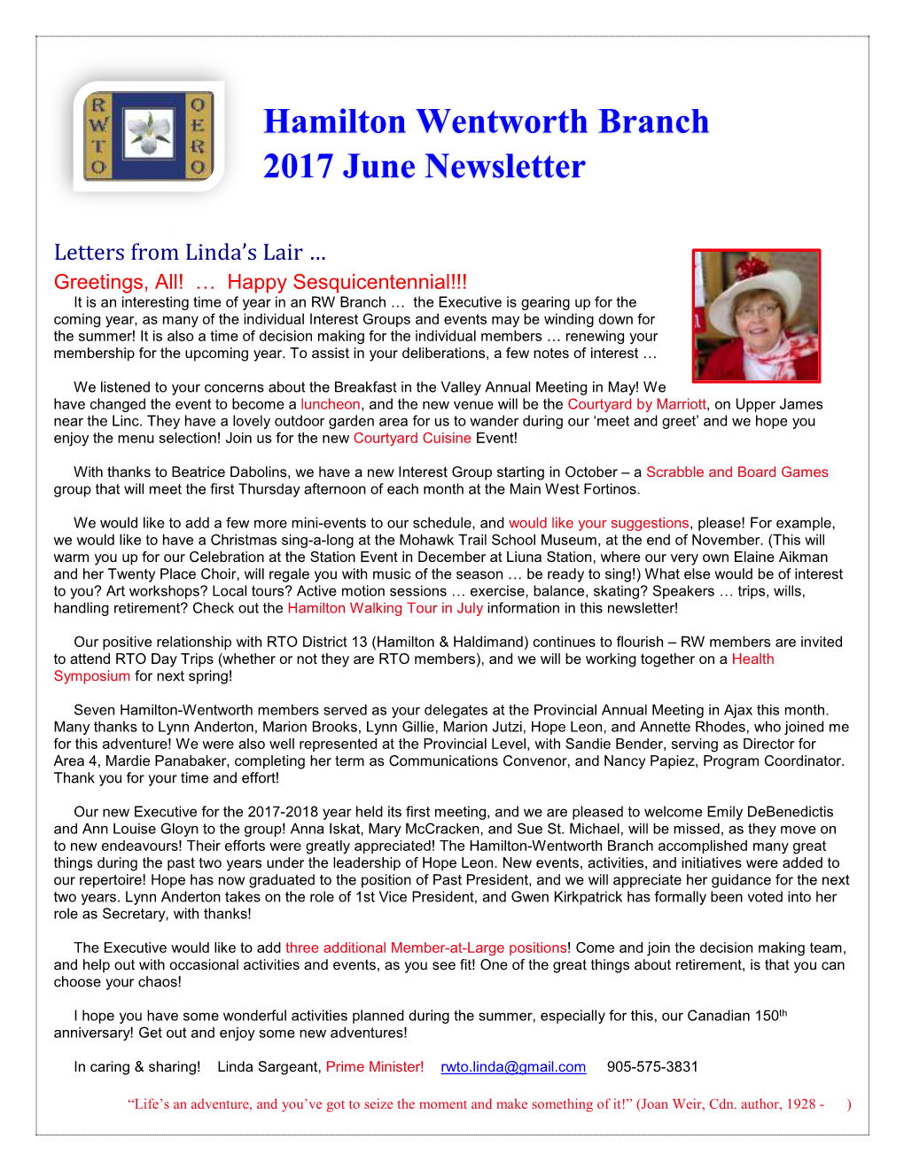 Hamilton Wentworth Branch 2017 June Newsletter