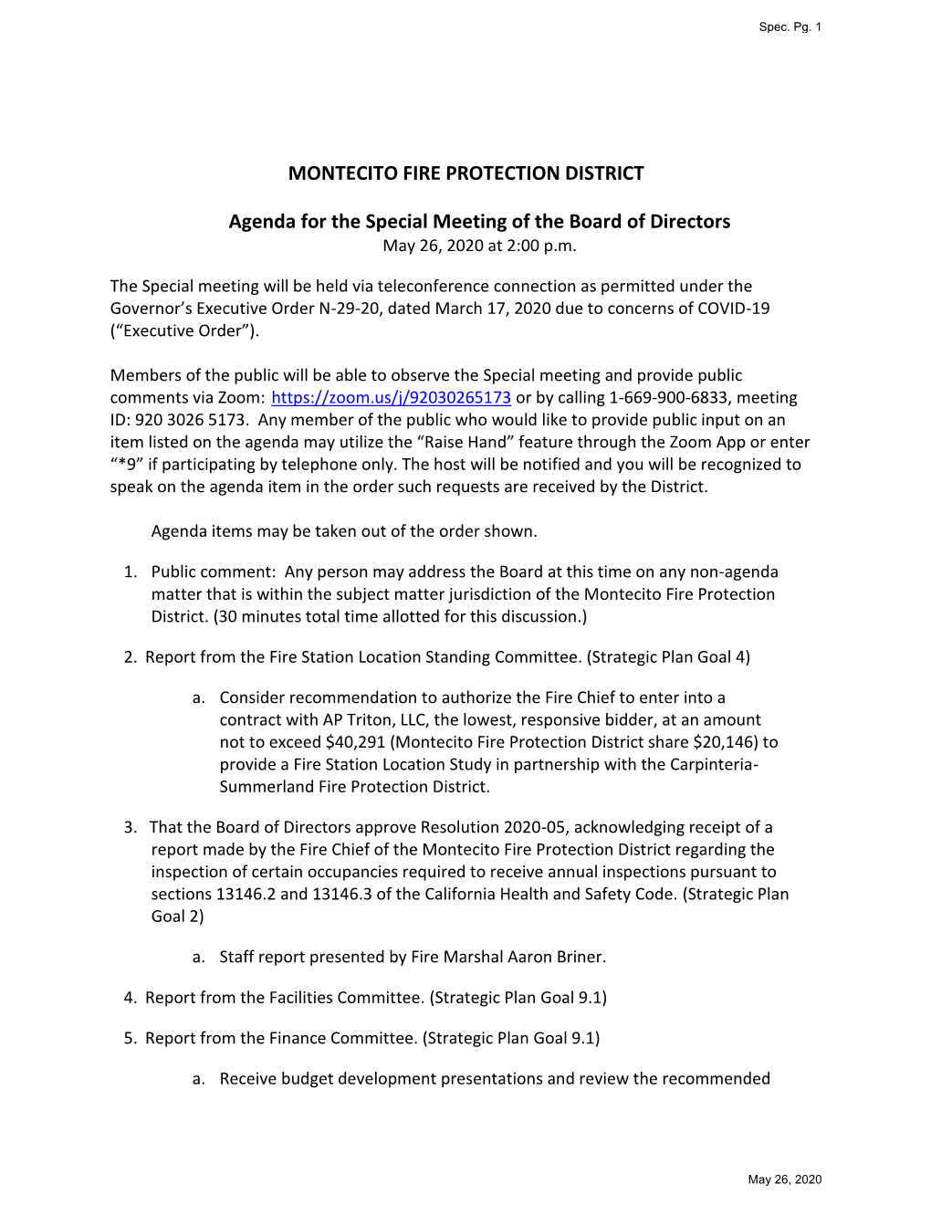 MONTECITO FIRE PROTECTION DISTRICT Agenda for the Special