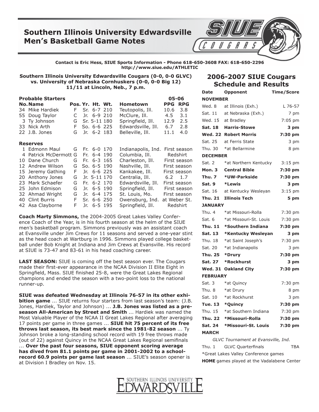 Southern Illinois University Edwardsville Men's Basketball Game Notes