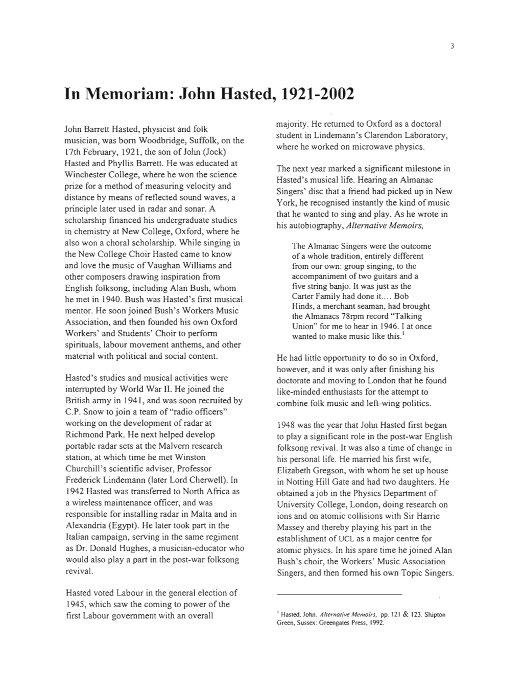 John Hasted, 1921-2002