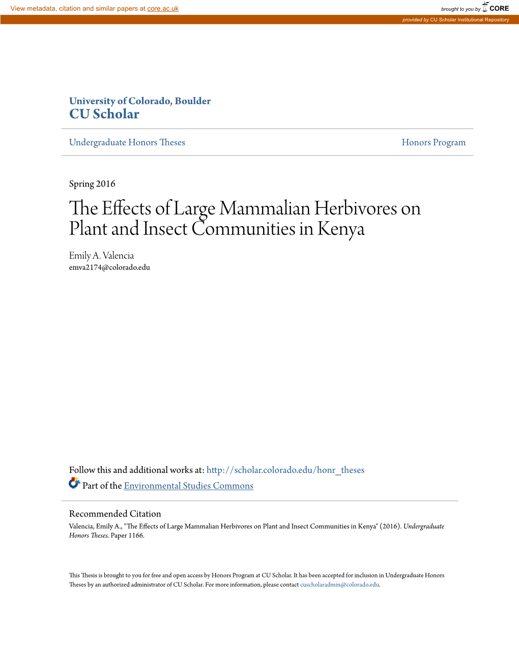 The Effects of Large Mammalian Herbivores on Plant and Insect Communities in Kenya" (2016)
