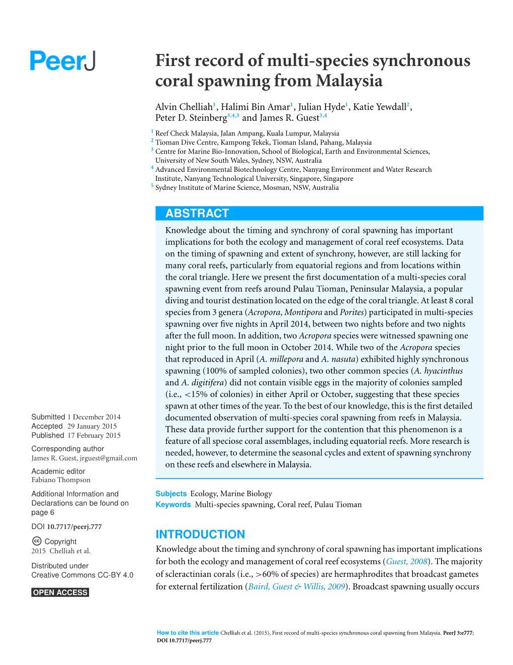 First Record of Multi-Species Synchronous Coral Spawning from Malaysia