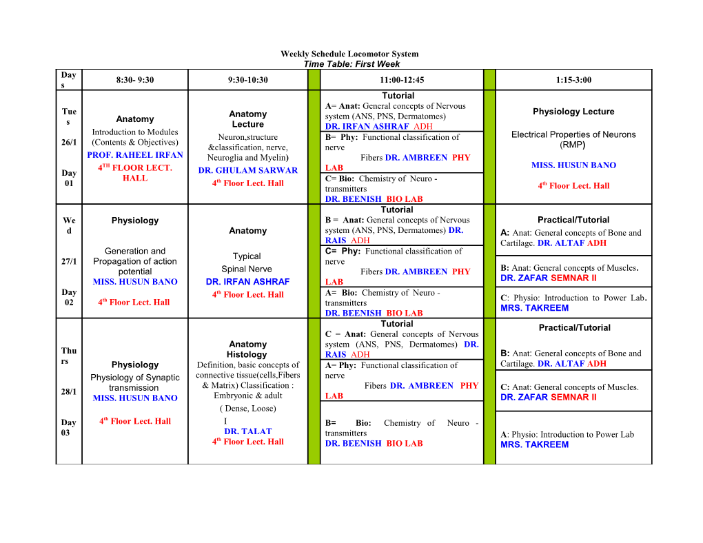 Weekly Schedule Locomotor System