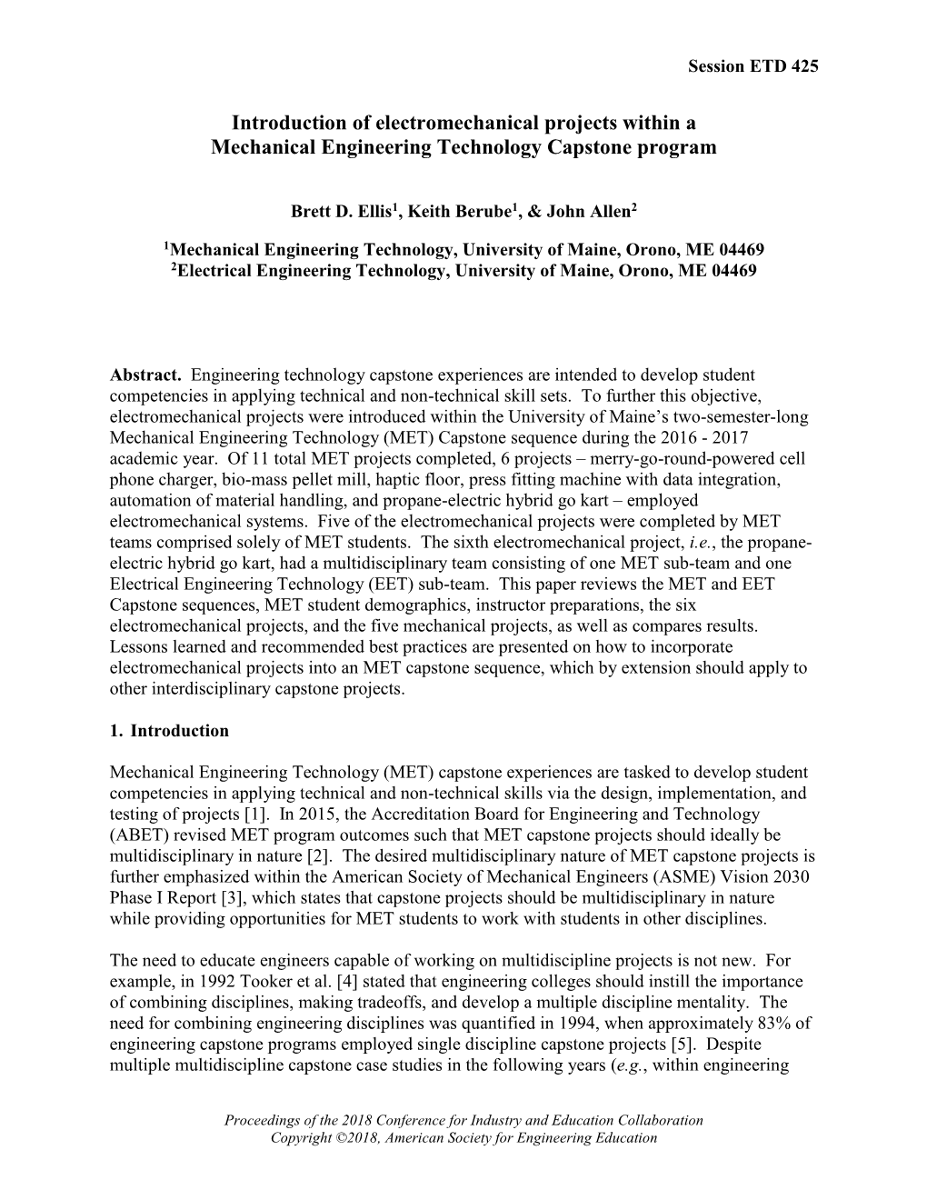 Introduction of Electromechanical Projects Within a Mechanical Engineering Technology Capstone Program
