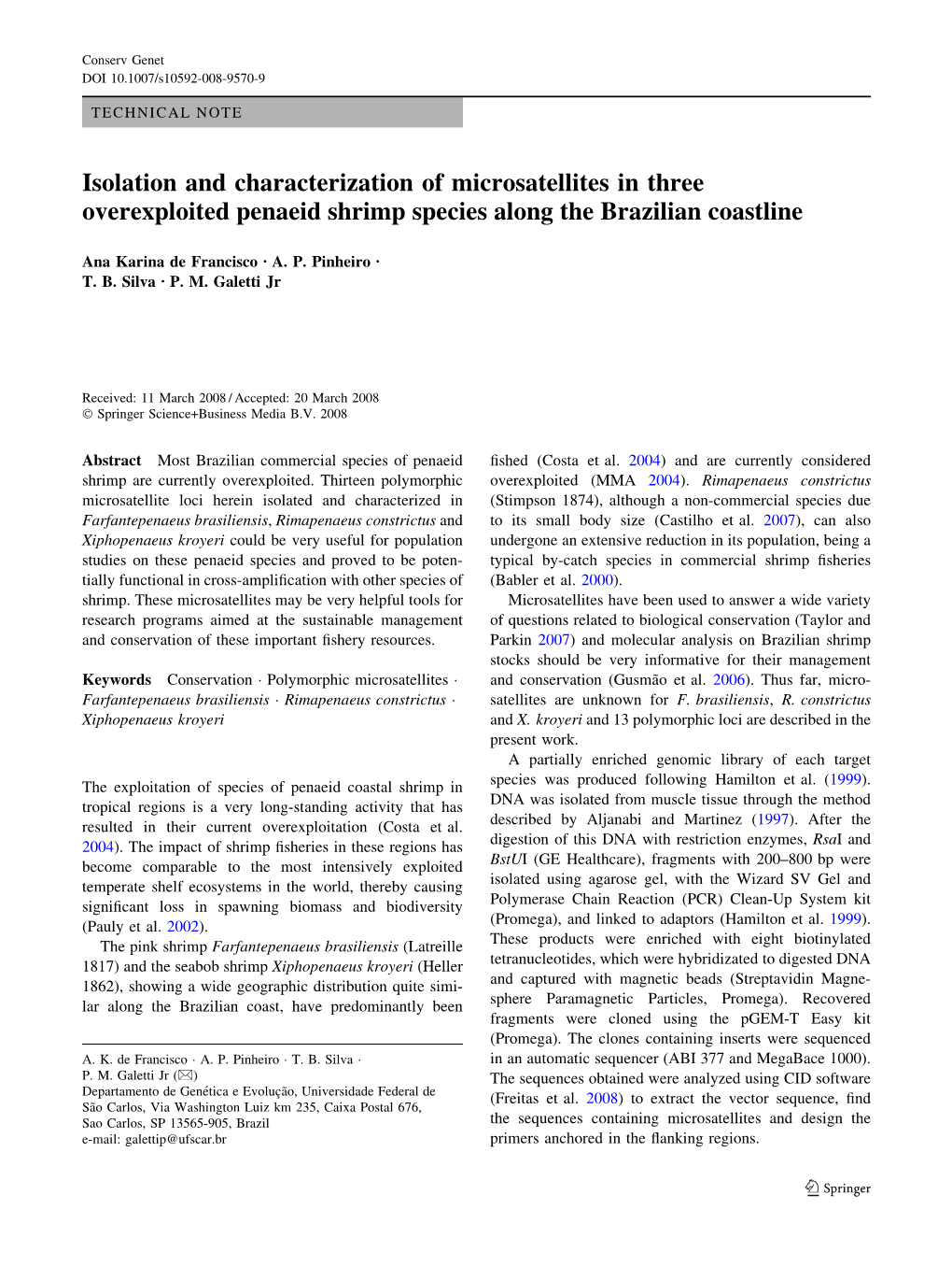 Isolation and Characterization of Microsatellites in Three Overexploited Penaeid Shrimp Species Along the Brazilian Coastline