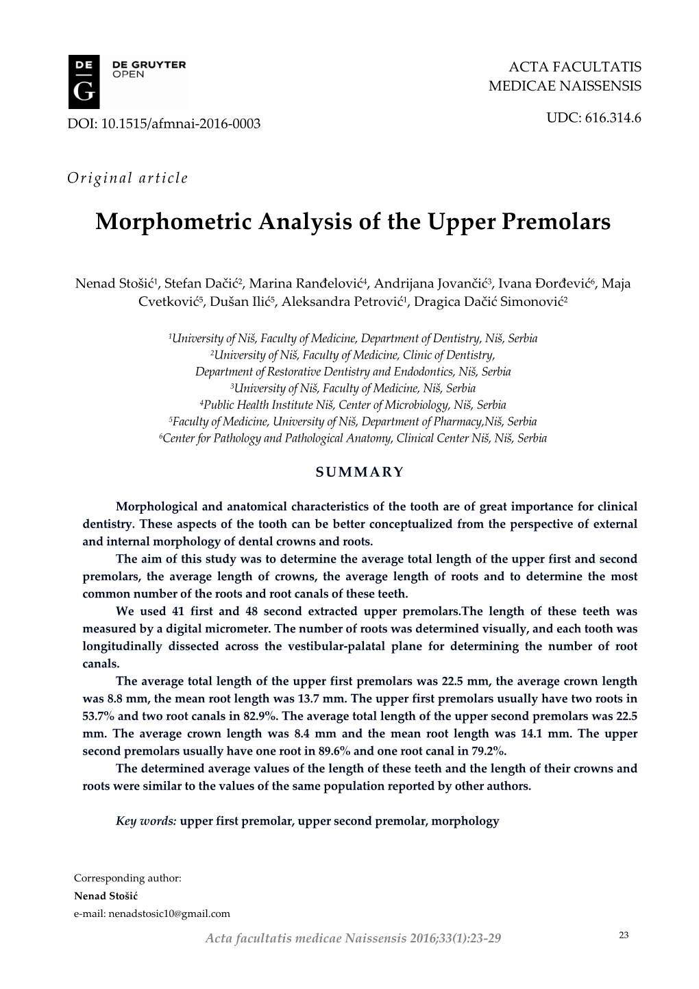Morphometric Analysis of the Upper Premolars