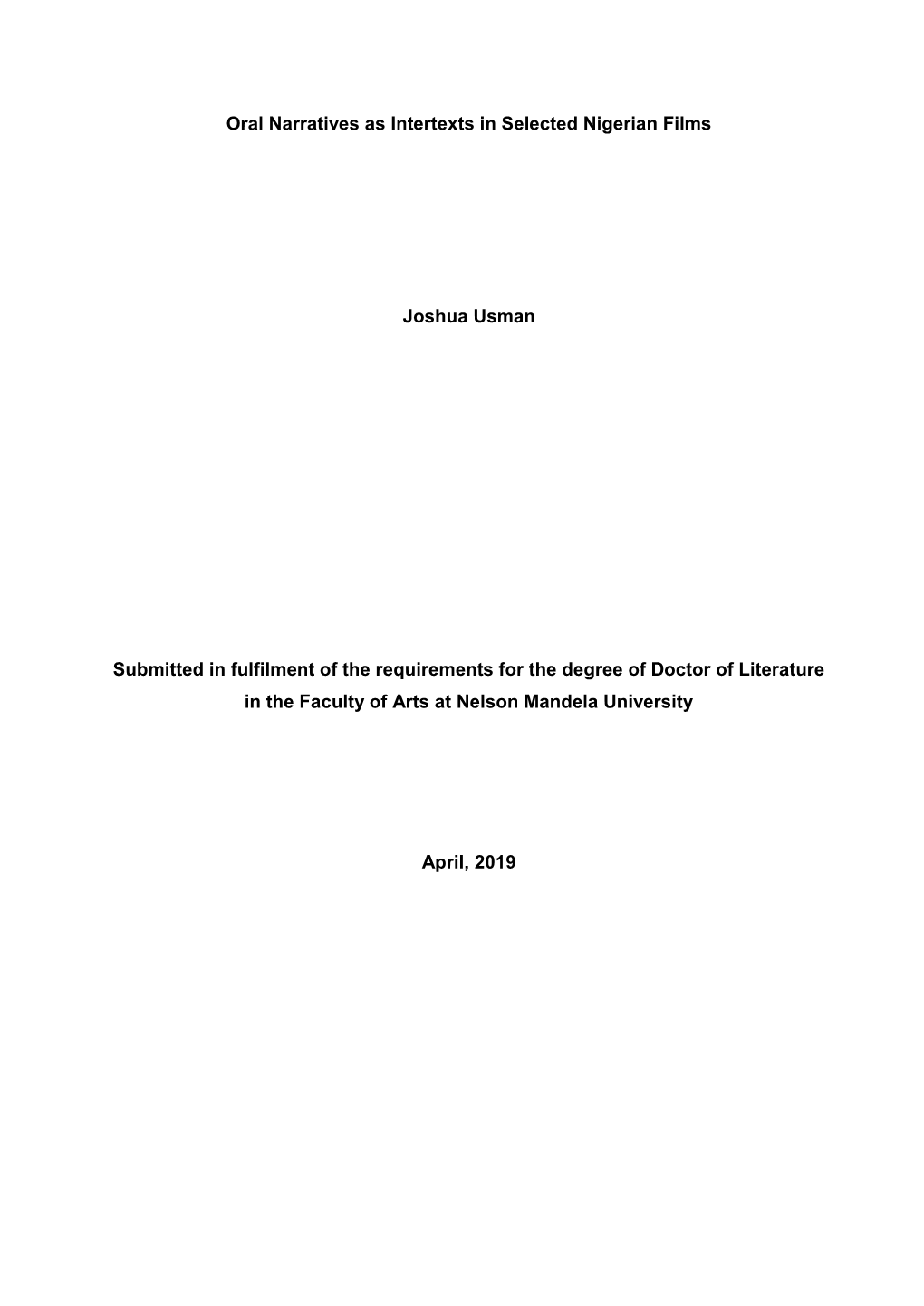 Oral Narratives As Intertexts in Selected Nigerian Films Joshua