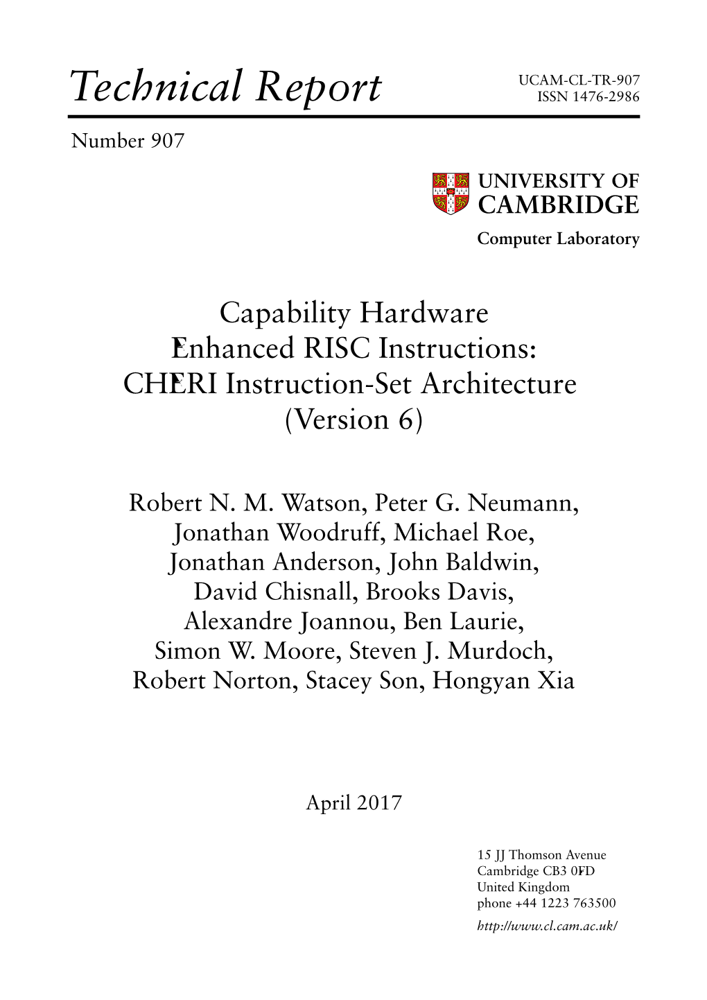 Capability Hardware Enhanced RISC Instructions: CHERI Instruction-Set Architecture (Version 6)