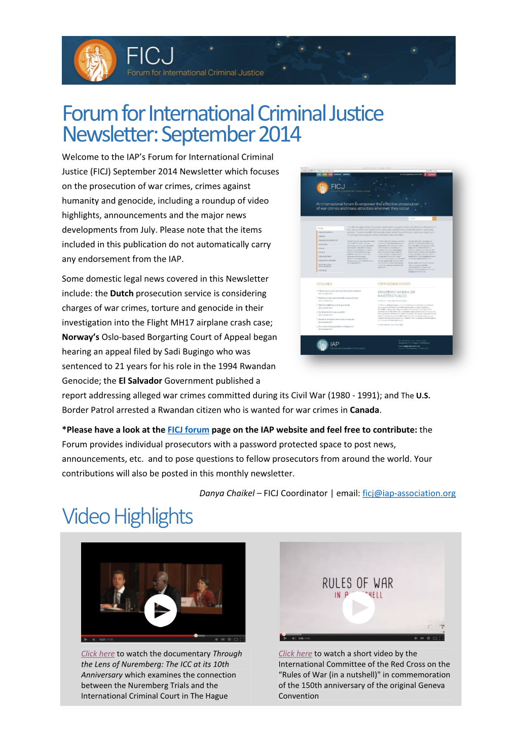 Forum for International Criminal Justice Newsletter: September