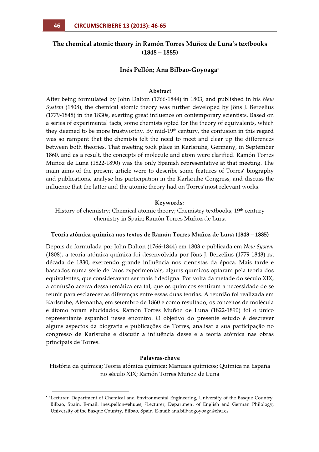 (2013): 46-‐65 the Chemical Atomic Theory in Ramón Torres Muñoz De