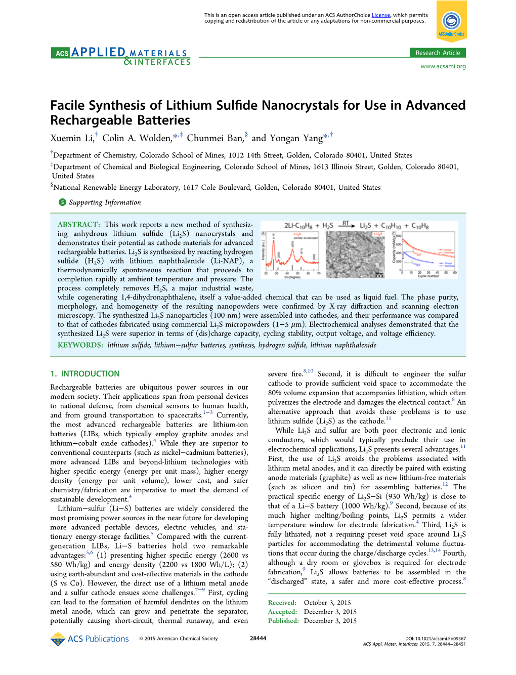Facile Synthesis of Lithium Sulfide Nanocrystals for Use in Advanced