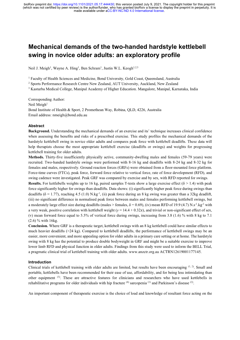 Mechanical Demands of the Two-Handed Hardstyle Kettlebell Swing in Novice Older Adults: an Exploratory Profile