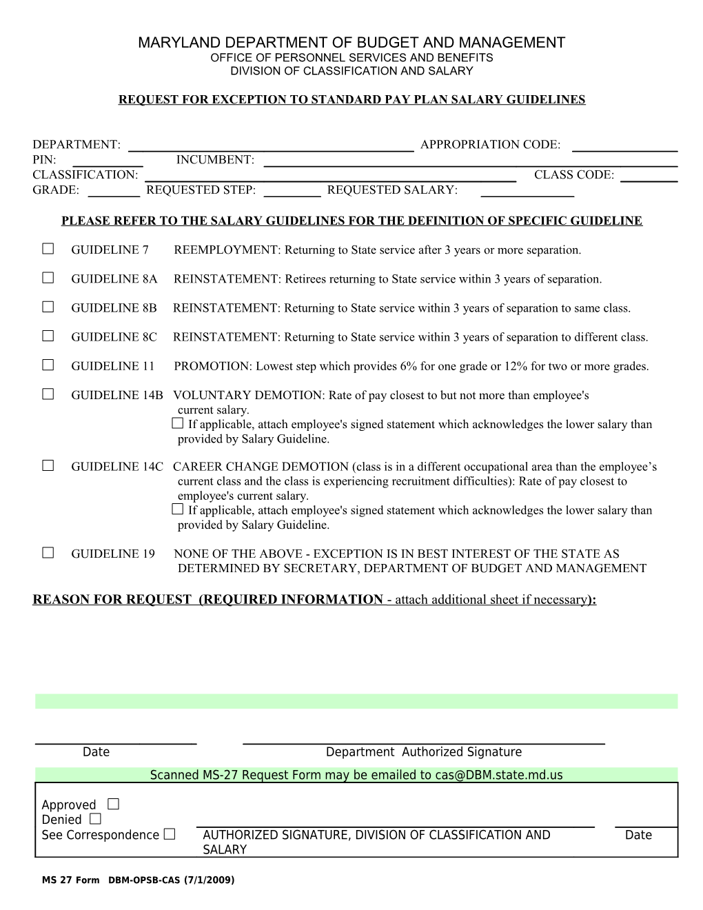 MS-27 Exception To Salary Guideline Request