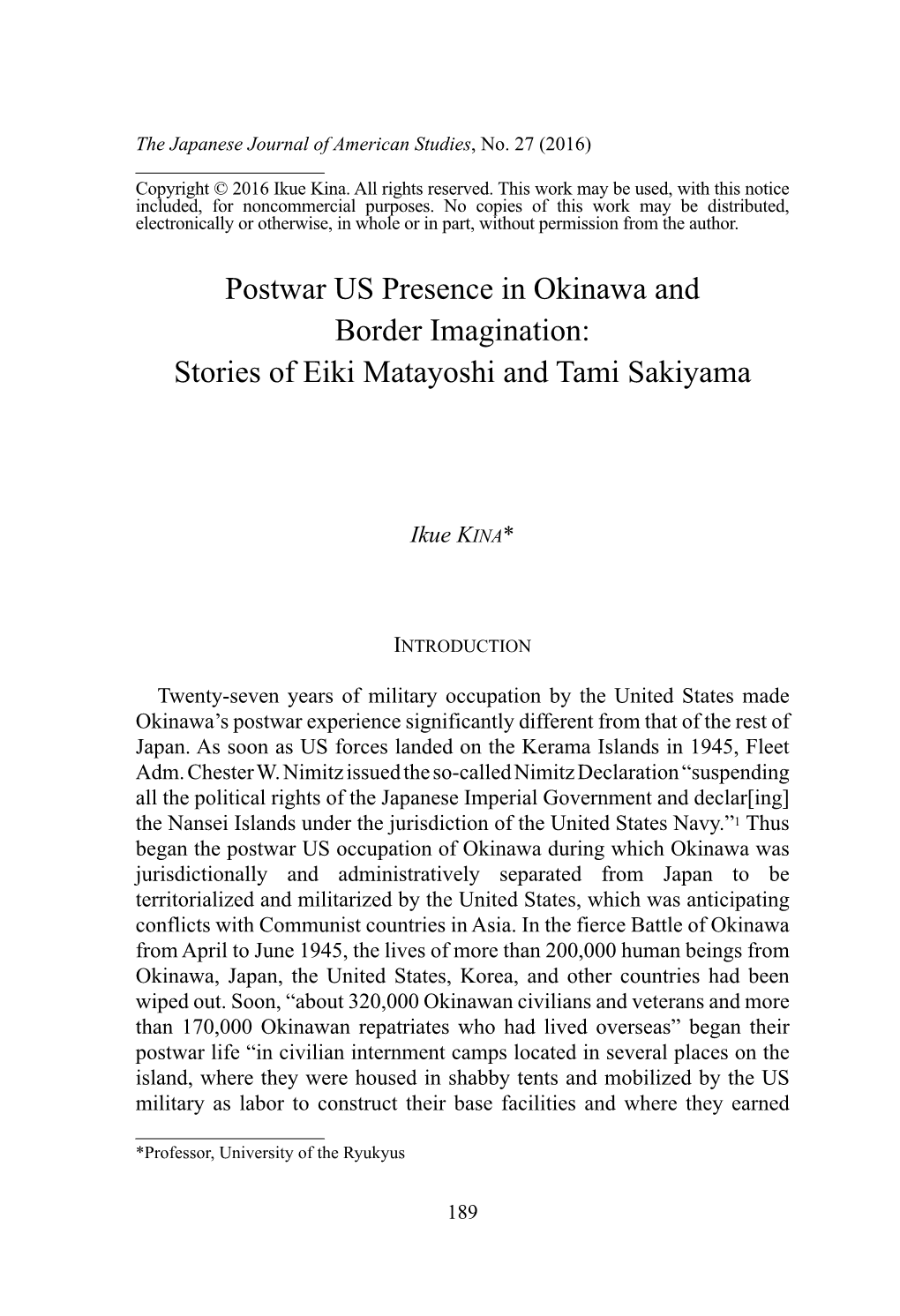 Postwar US Presence in Okinawa and Border Imagination: Stories of Eiki Matayoshi and Tami Sakiyama