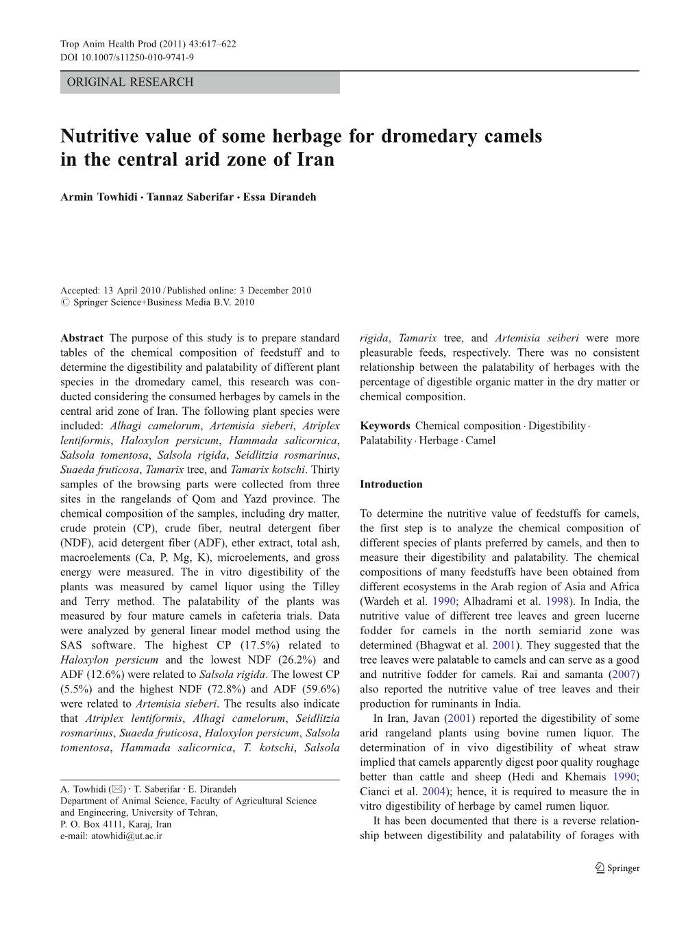 Nutritive Value of Some Herbage for Dromedary Camels in the Central Arid Zone of Iran