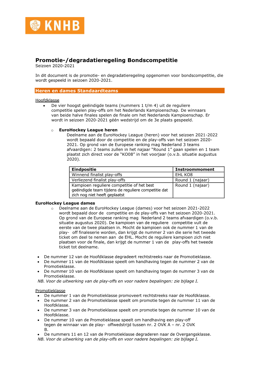 Promotie-/Degradatieregeling Bondscompetitie Seizoen 2020-2021