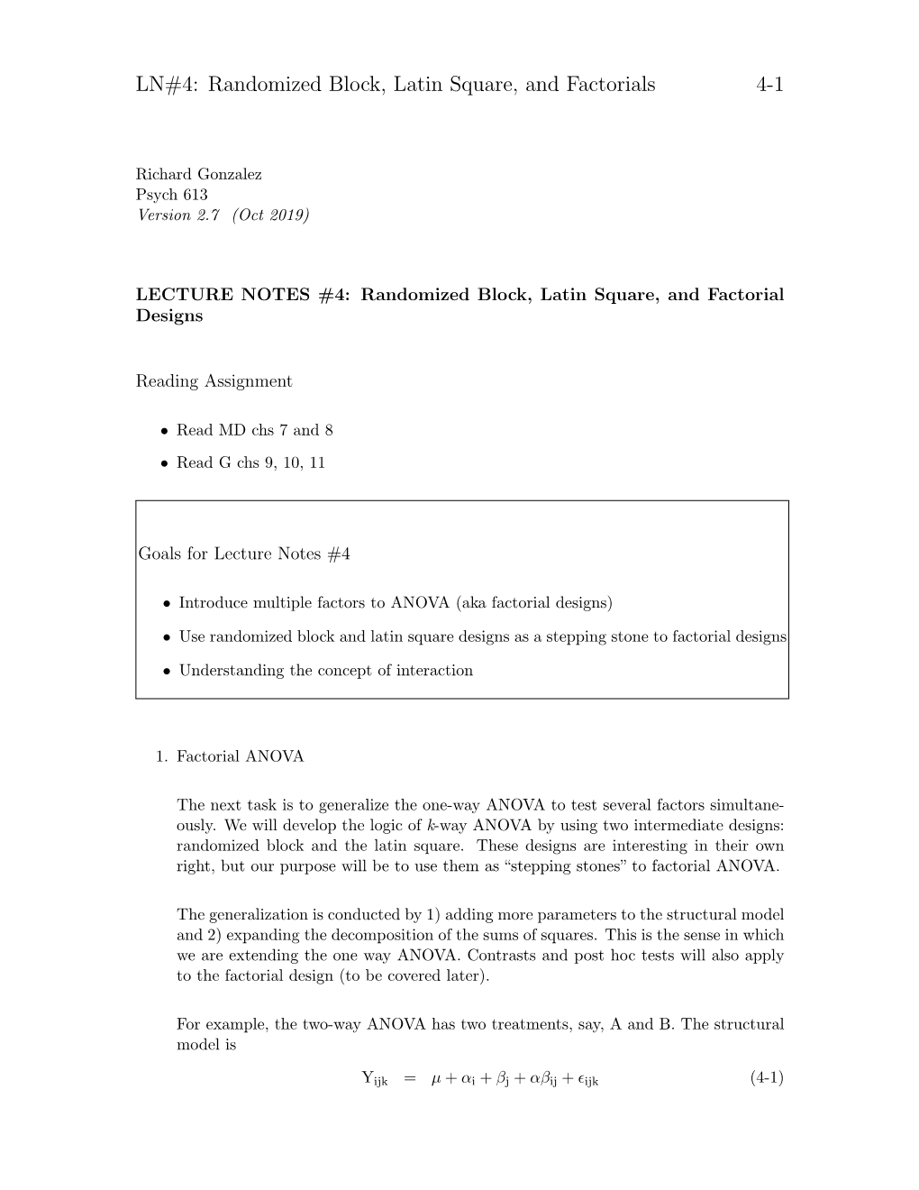 LN#4: Randomized Block, Latin Square, and Factorials 4-1