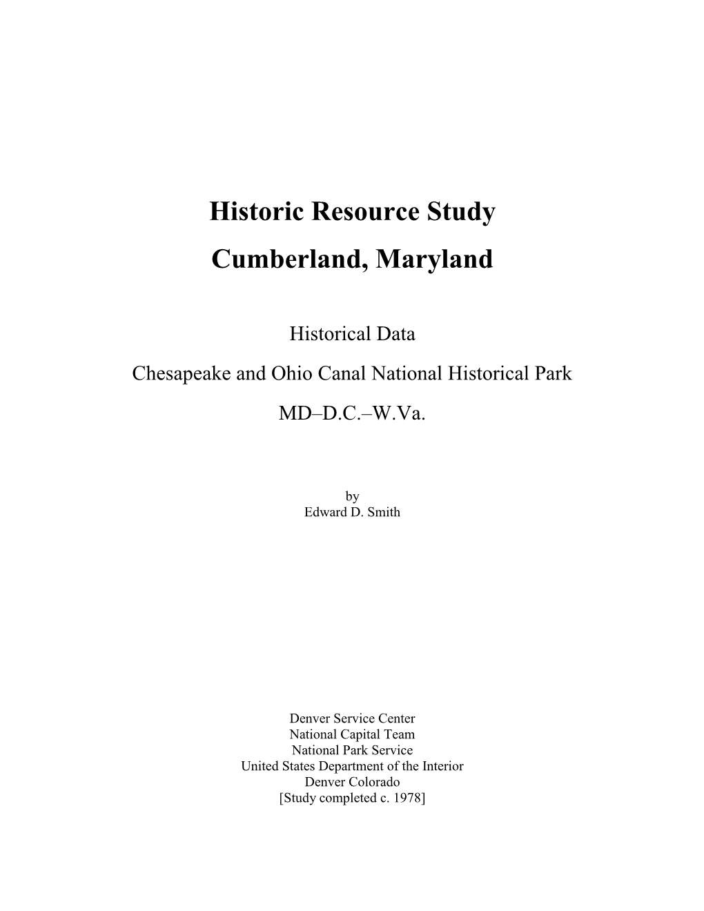 Historic Resource Study Cumberland, Maryland