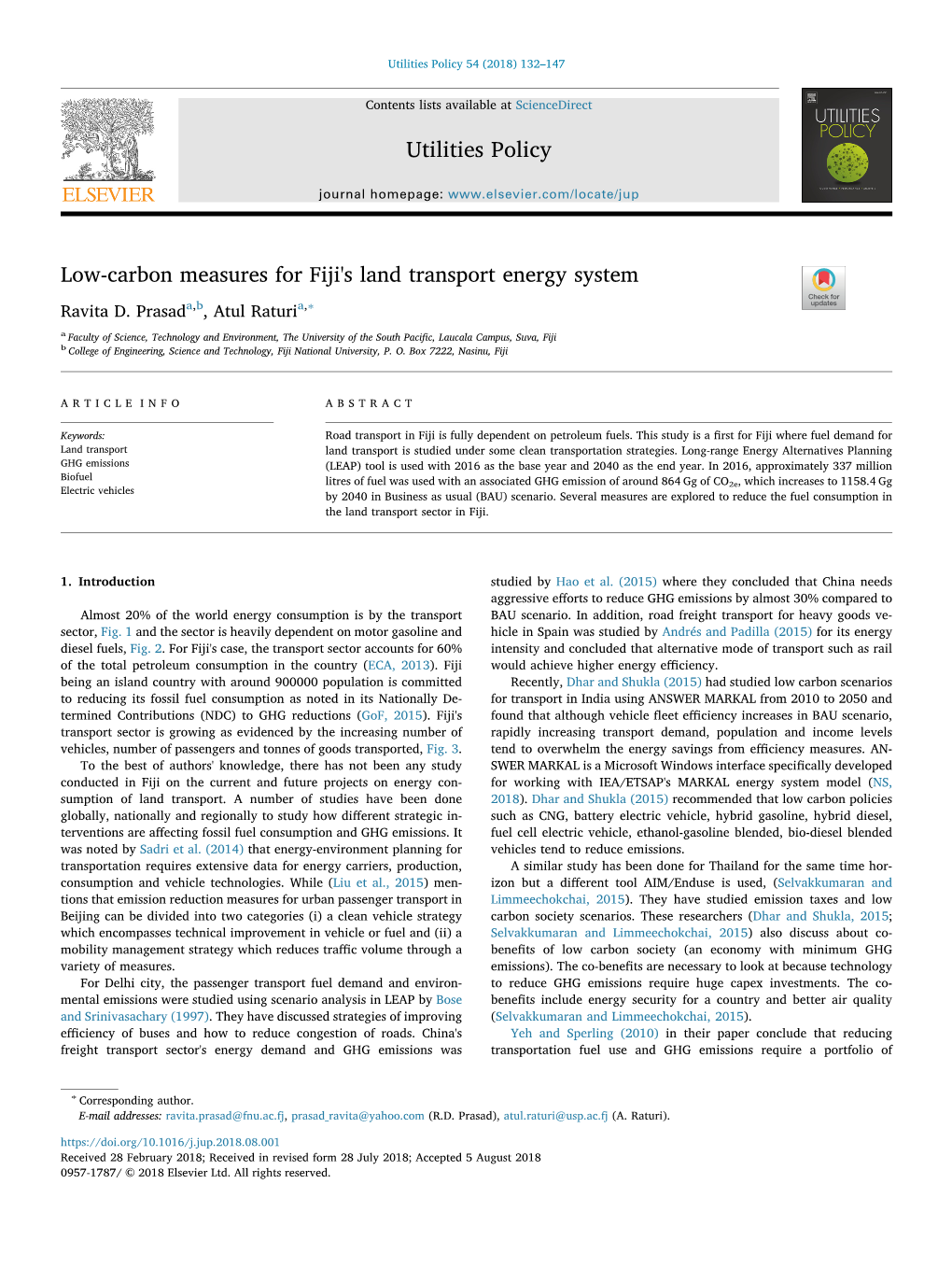 Low-Carbon Measures for Fiji's Land Transport Energy System T ∗ Ravita D