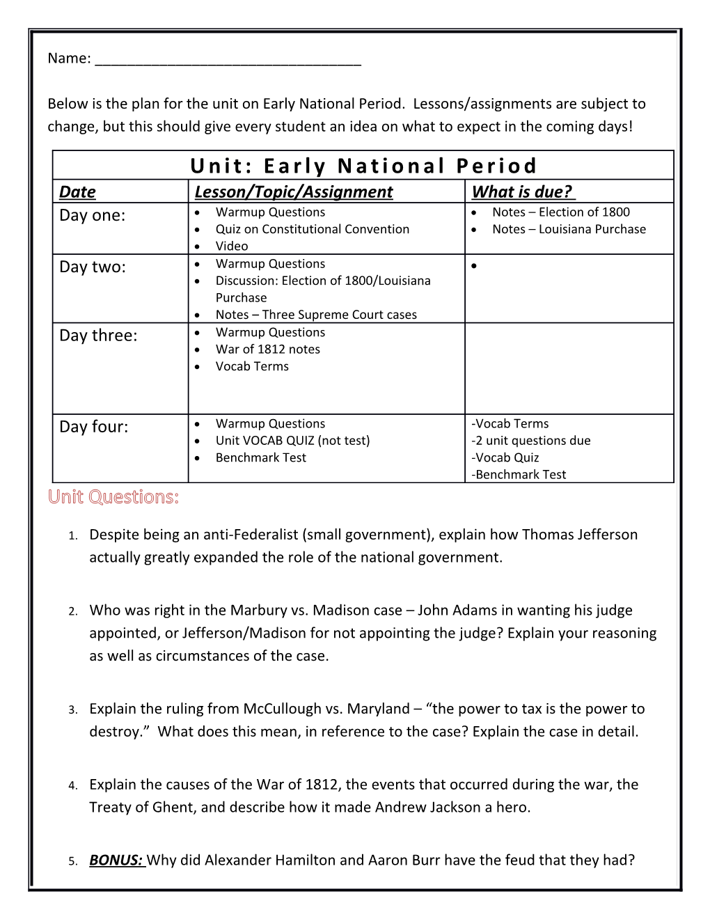 Name: ______ Below Is the Plan for the Unit on Early National Period. Lessons/Assignments