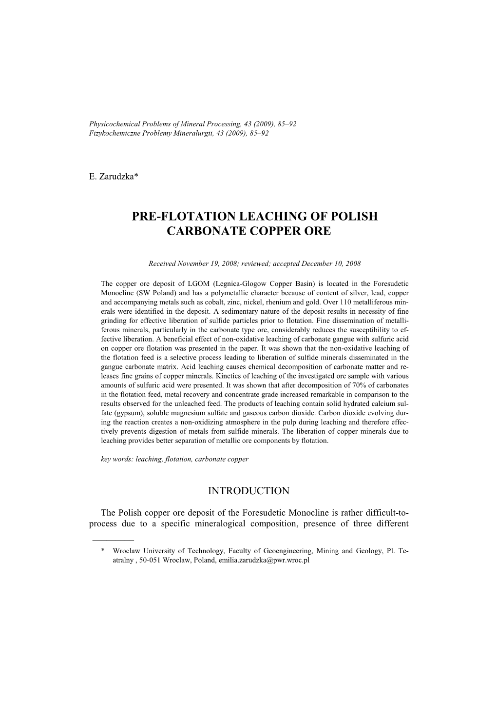 Pre-Flotation Leaching of Polish Carbonate Copper Ore