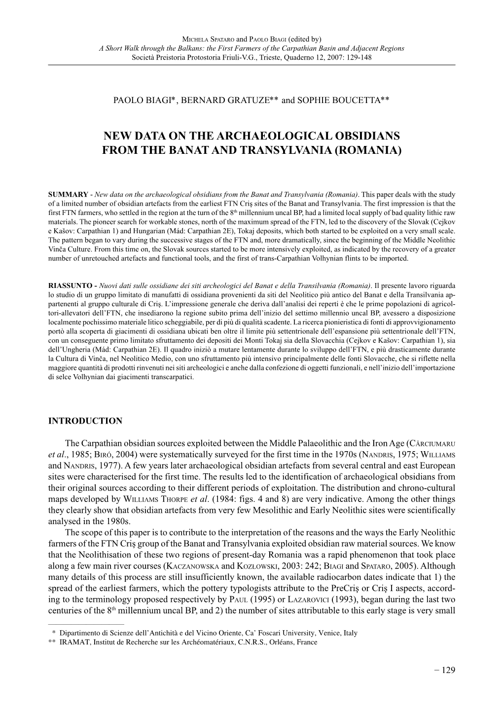 New Data on the Archaeological Obsidians from the Banat and Transylvania (Romania)