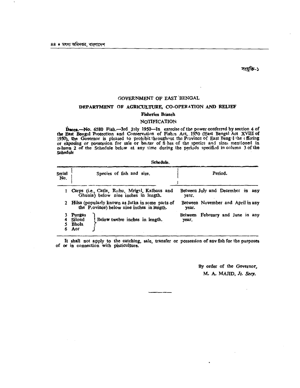 7T5r8f-1 GOVERNMENT of EAST 'BENGAL DEPARTMENT of AGRICULTURE, CO-OPERATION and RELIEF Fisheries Branch NOTIFICATION Dacca