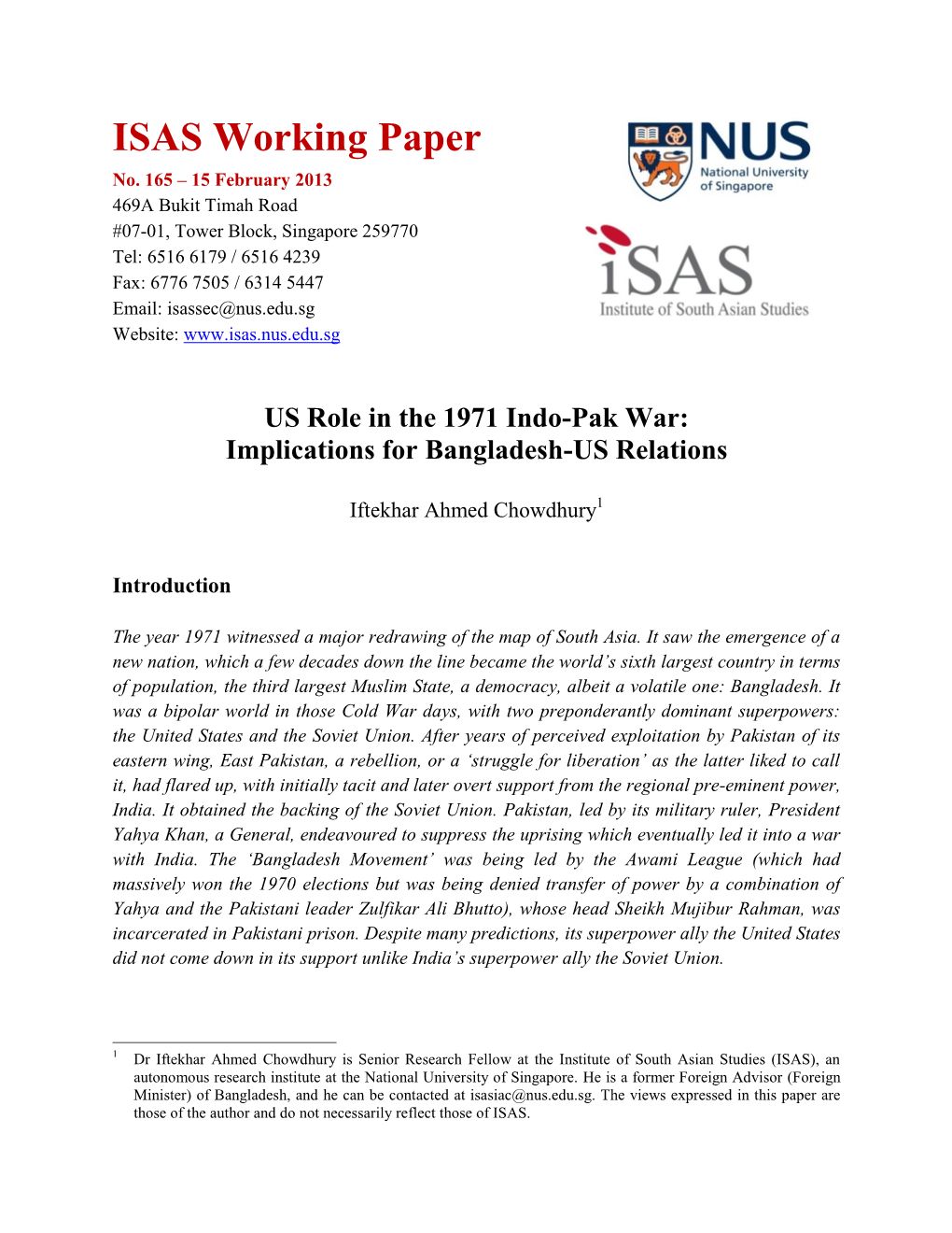 US Role in the 1971 Indo-Pak War: Implications for Bangladesh-US Relations