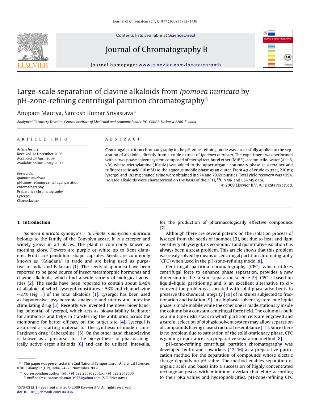 Journal of Chromatography B Large-Scale Separation of Clavine