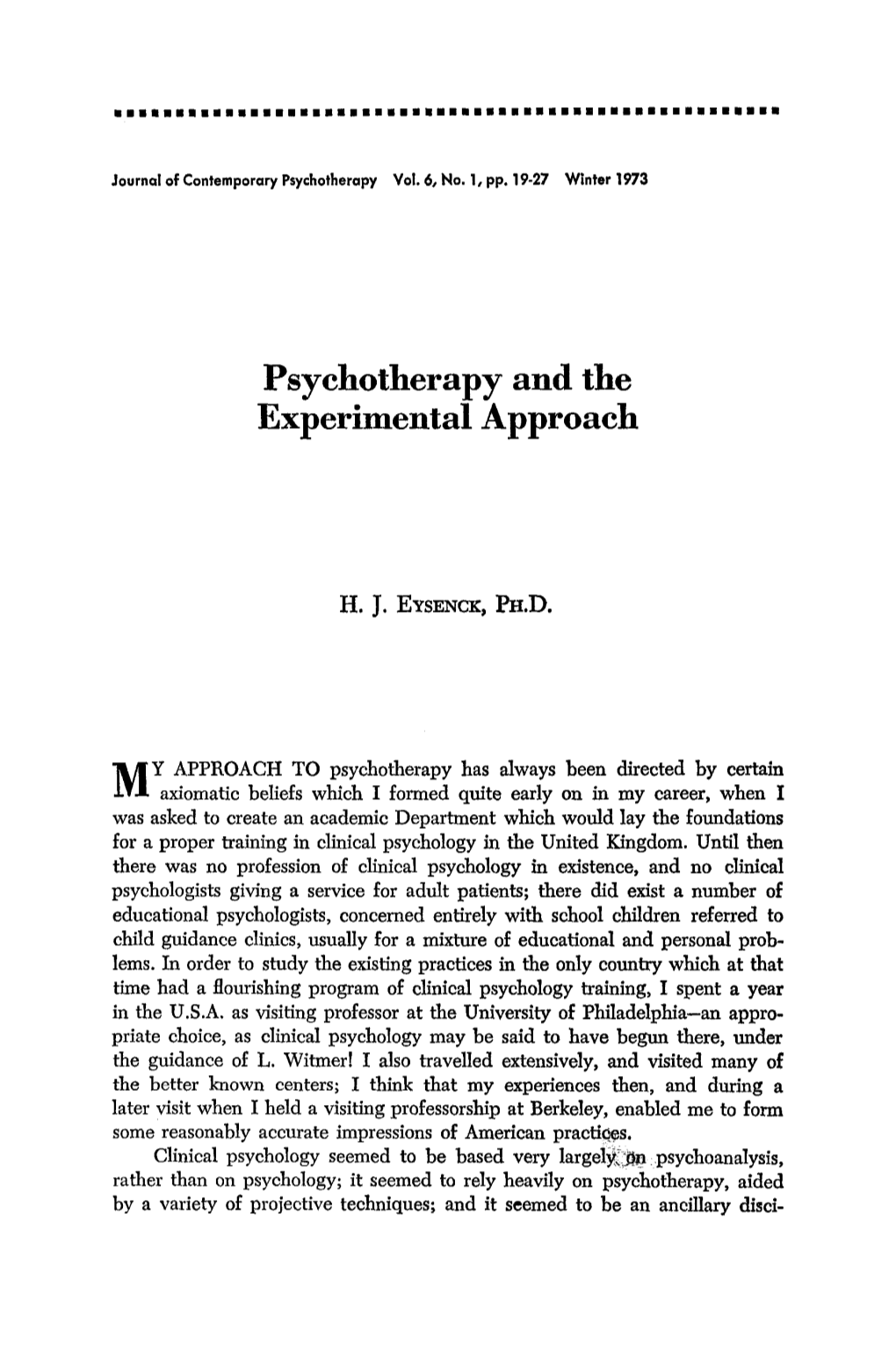 Psychotherapy and the Experimental Approach