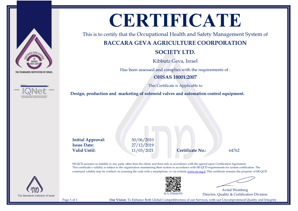 CERTIFICATE This Is to Certify That the Occupational Health and Safety Management System of BACCARA GEVA AGRICULTURE COORPORATION SOCIETY LTD