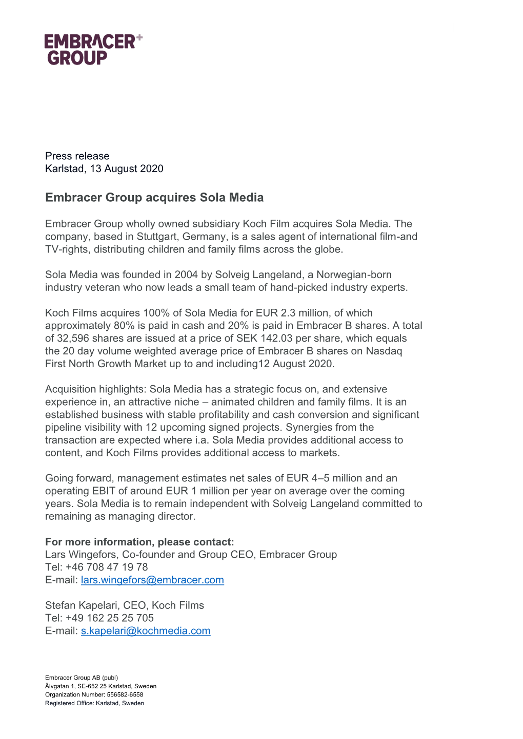 Embracer Group Acquires Sola Media