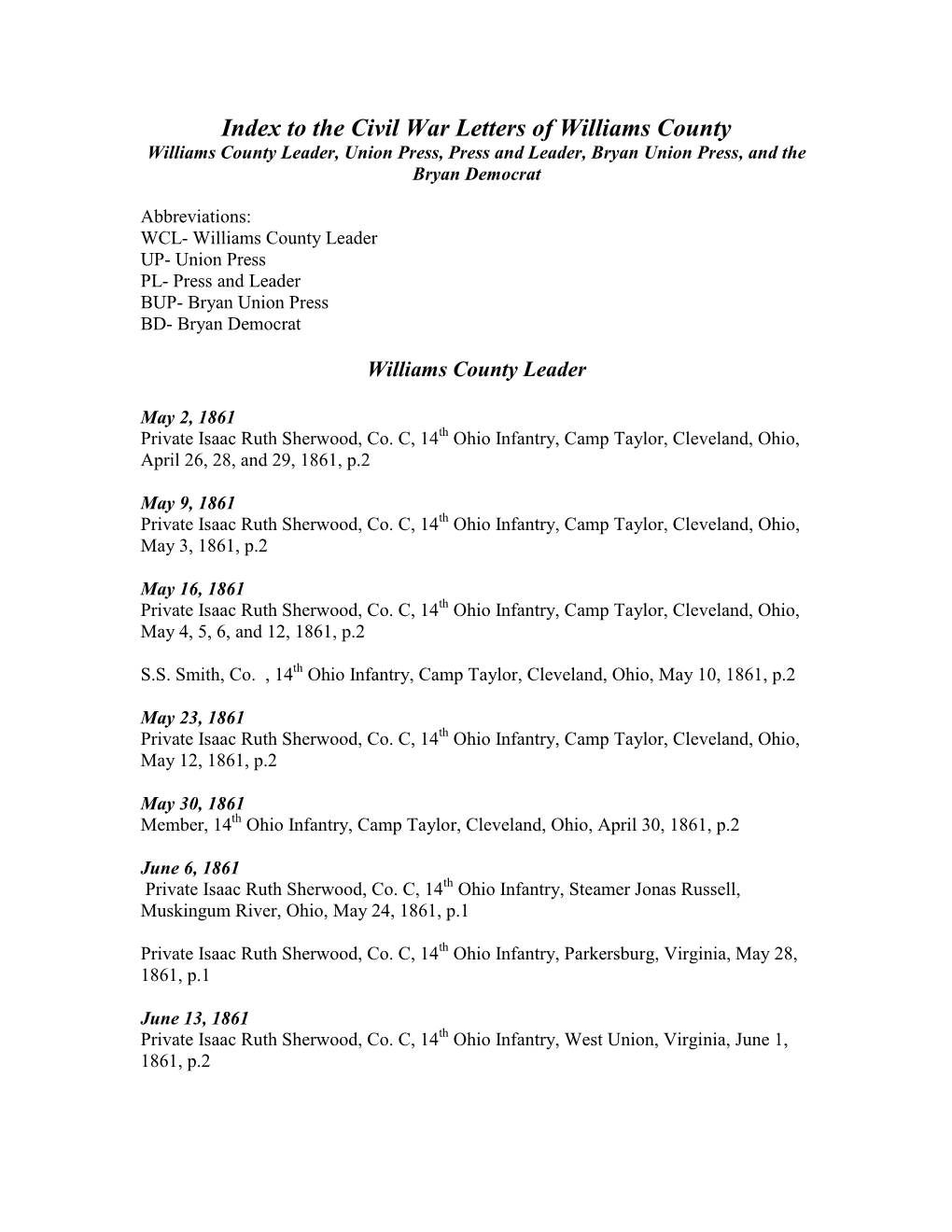 To the Civil War Letters of Williams County Williams County Leader, Union Press, Press and Leader, Bryan Union Press, and the Bryan Democrat