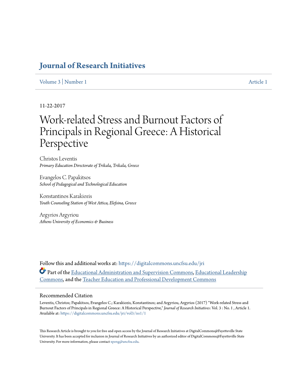 Work-Related Stress and Burnout Factors of Principals in Regional