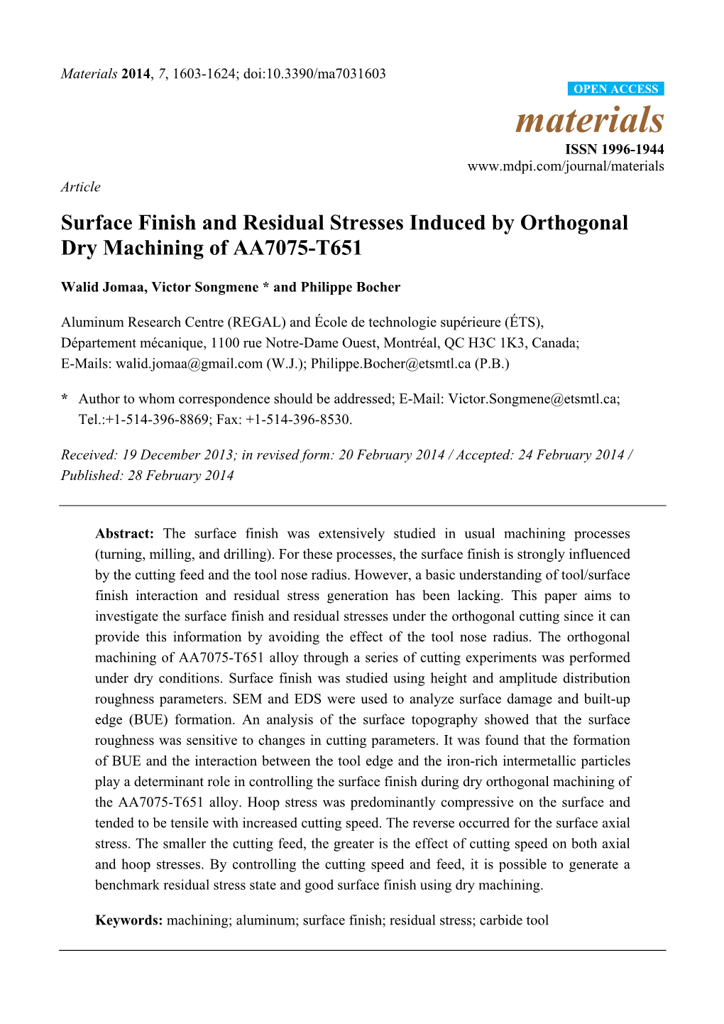 Surface Finish and Residual Stresses Induced by Orthogonal Dry Machining of AA7075-T651