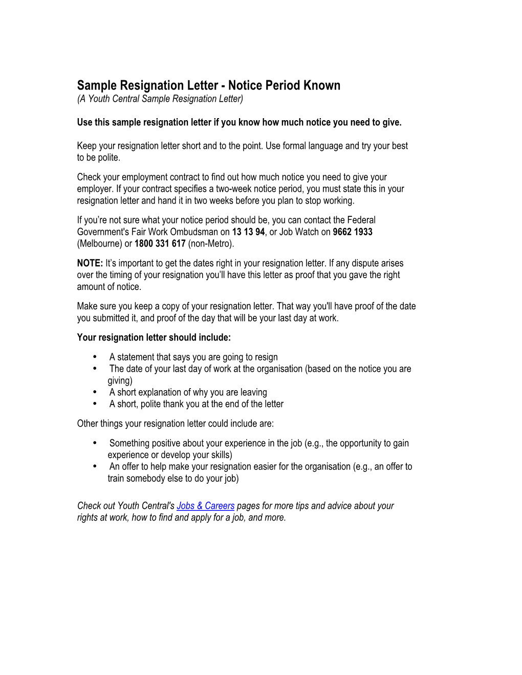 Sample Resignation Letter - Notice Period Known (A Youth Central Sample Resignation Letter)