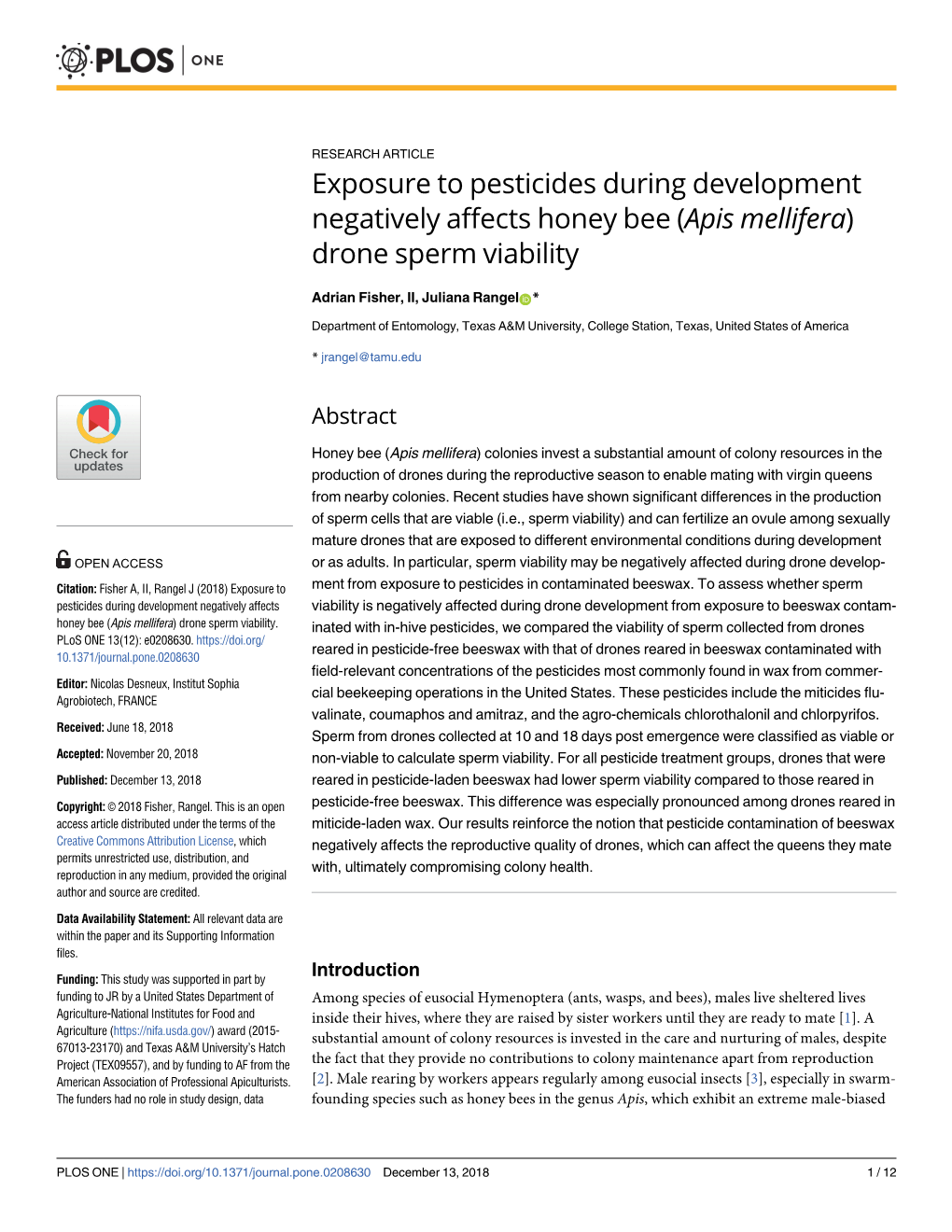 Exposure to Pesticides During Development Negatively Affects Honey Bee (Apis Mellifera) Drone Sperm Viability